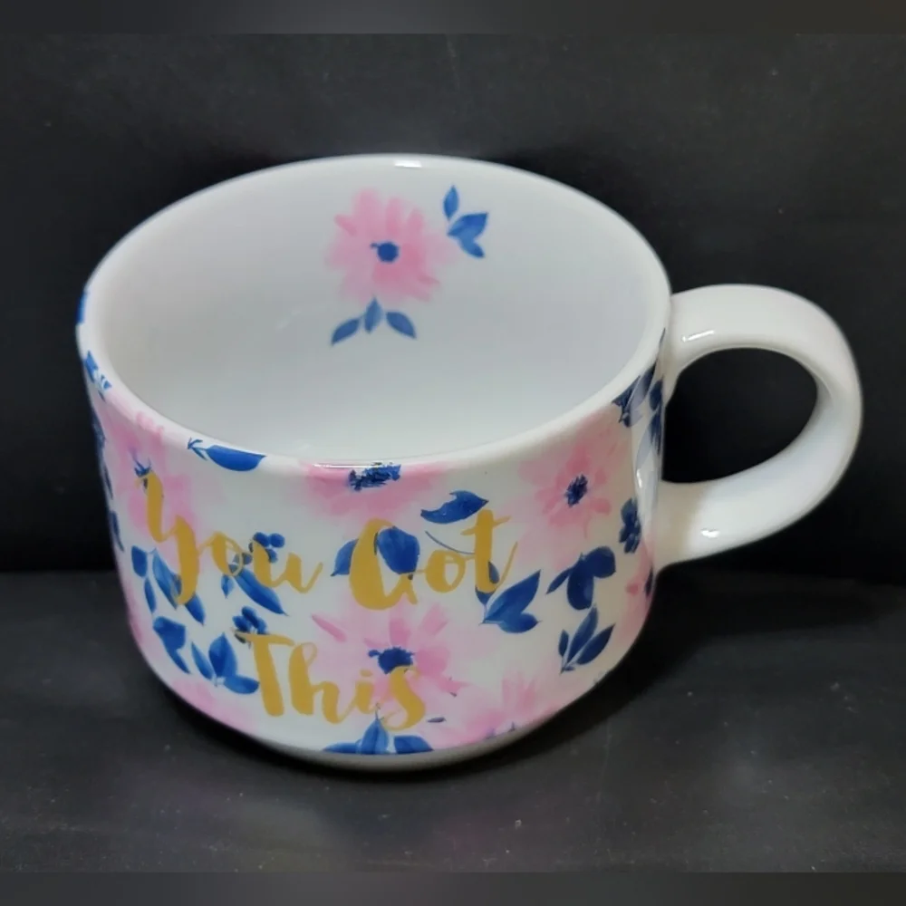 Set Of 4 Blue Pink Floral Tea Cups Stackable Coffee Mugs Pier 1 Imports NWT